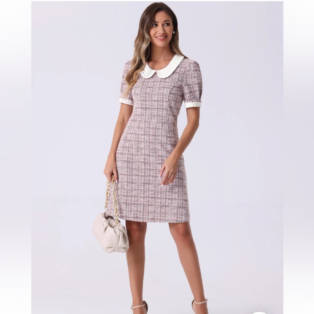 Allegra K Pink Tweed Peter Pan Puff Sleeve A-Line Mini Dress, Size Large – EUC